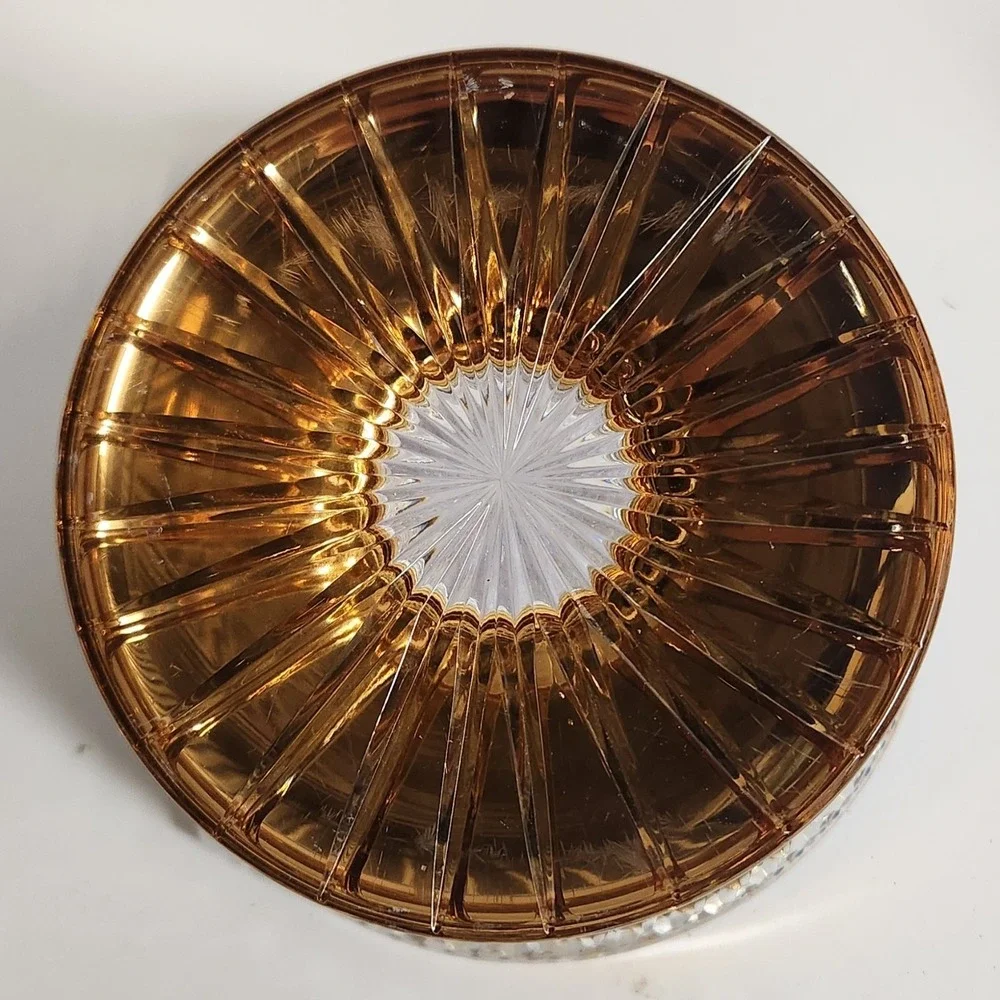 Vintage Moser Style Heavy Cut Crystal Lidded Candy Dish Gold Gilt Pedestal Cover